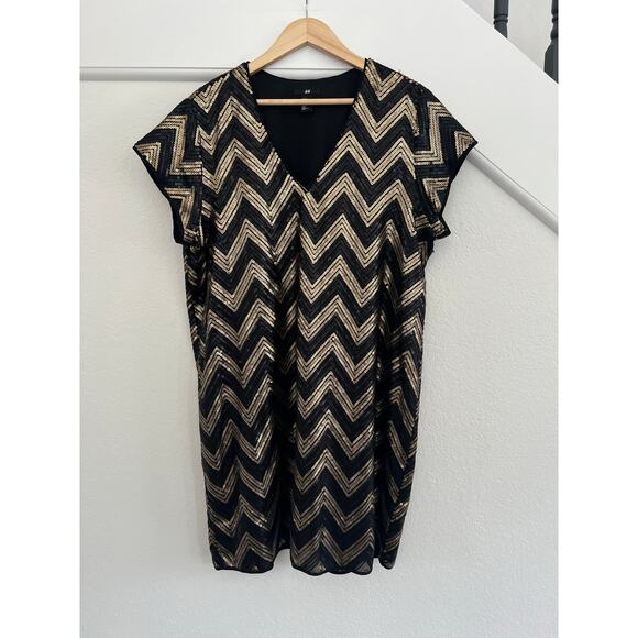 H&M Black Gold Sequined Mini Dress Women XL Glam Fairy Grunge Event Career - Picture 2 of 16
